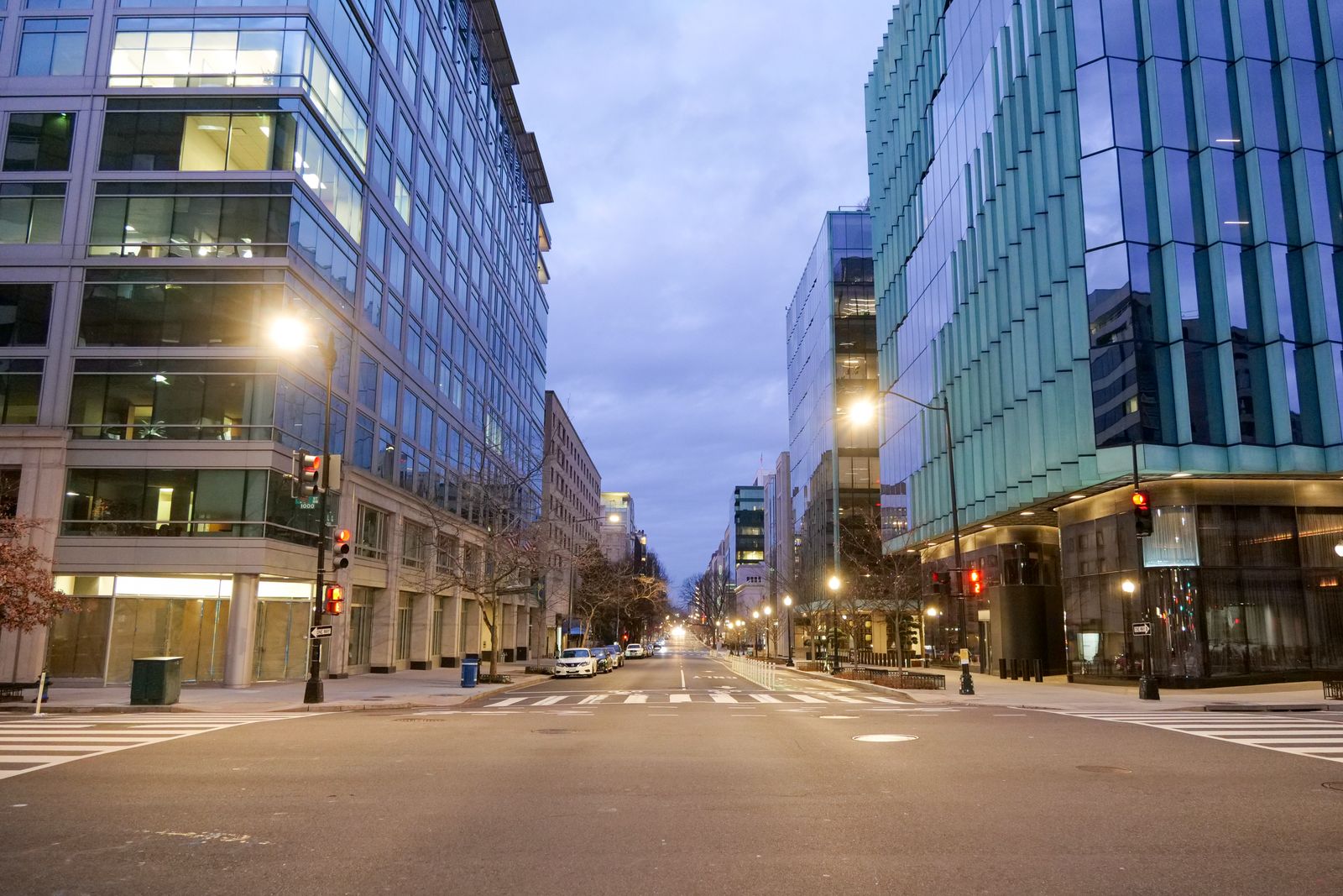 Downtown Washington DC commercial office buildings at dawn